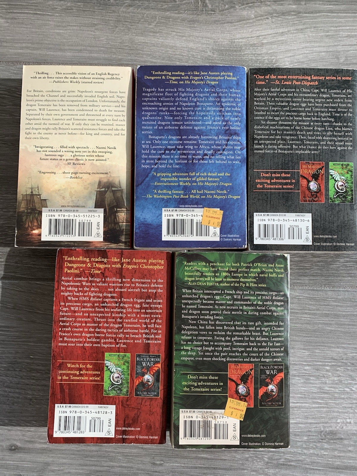 Naomi Novik Lot of 5 Temeraire Series #1-5 PB Books: Dragon Jade War Ivory Eagle