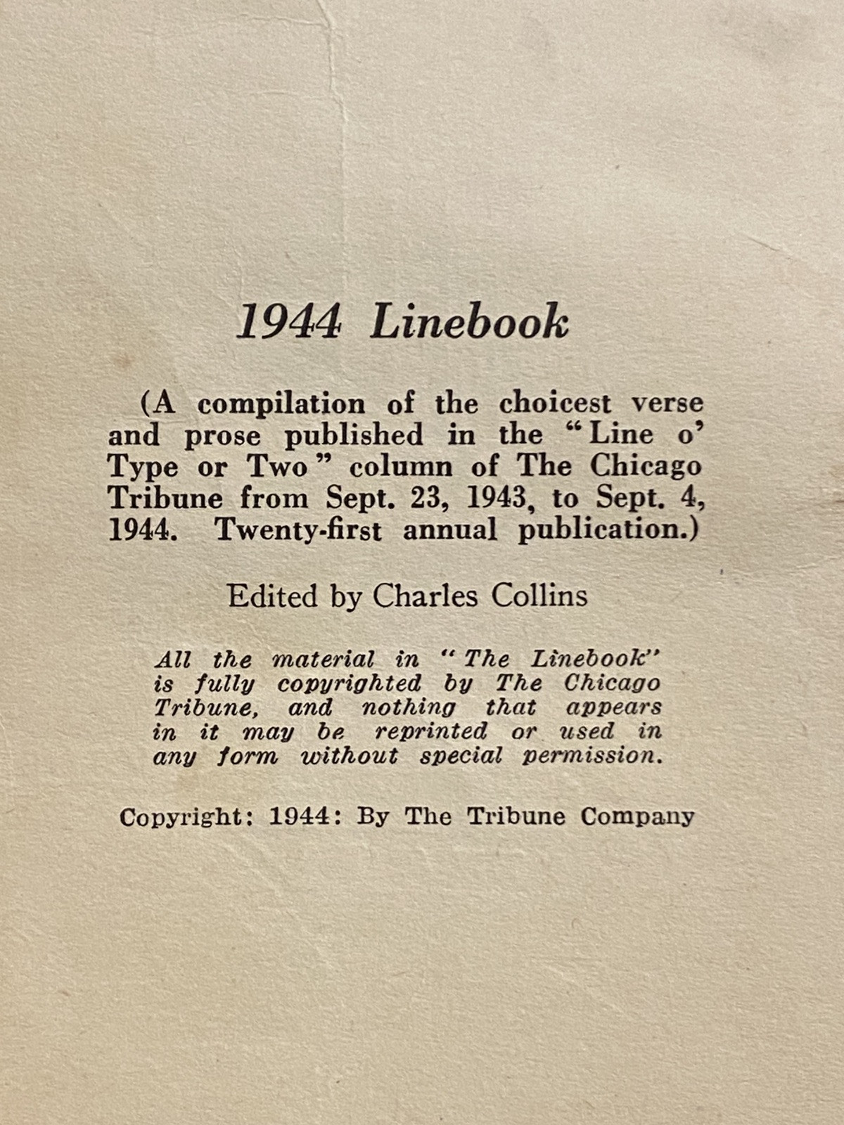 Vintage WWII Era CHICAGO TRIBUNE 1943 1944 LINE BOOK Quotes Wit Poetry Ephemera