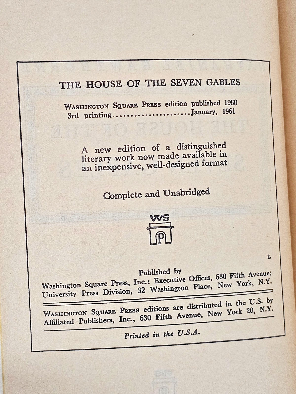 1961 Washington Square Press The House of the Seven Gables Hawthorne W215 VTG
