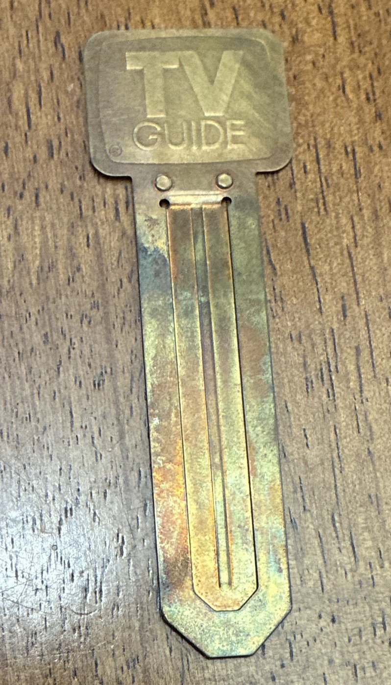 Vintage TV Guide Metal Clip Bookmark, Gold Tone Rectangle 4.5in x 1.5in