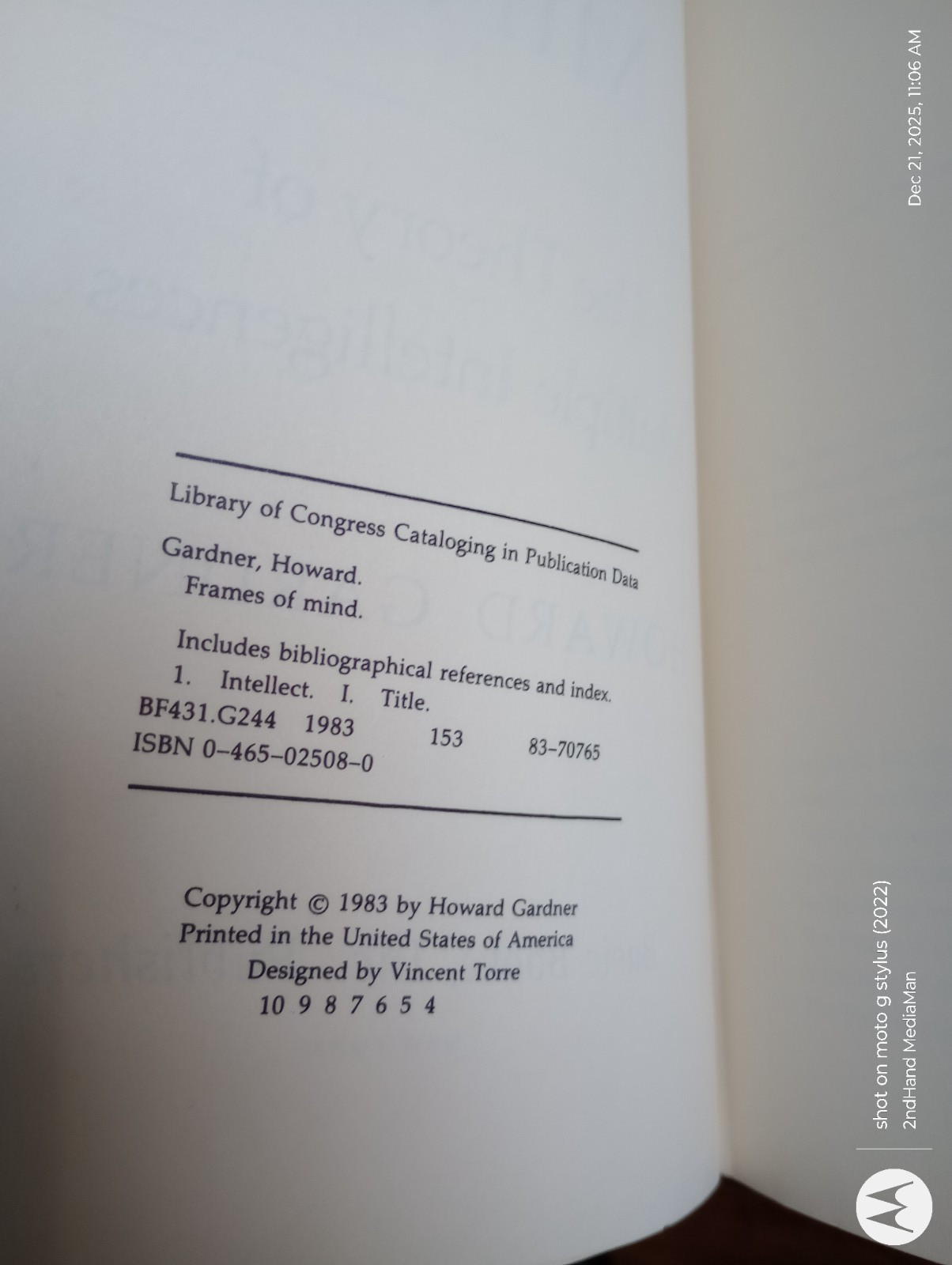1983 4THpt FRAMES OF MIND HOWARD GARDNER HC/HARDCOVER/DJ BOOK