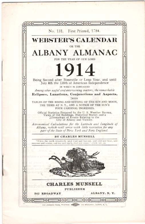 1914 Webster’s Calendar or the Albany Almanac No 131, Charles Munsell, Albany NY