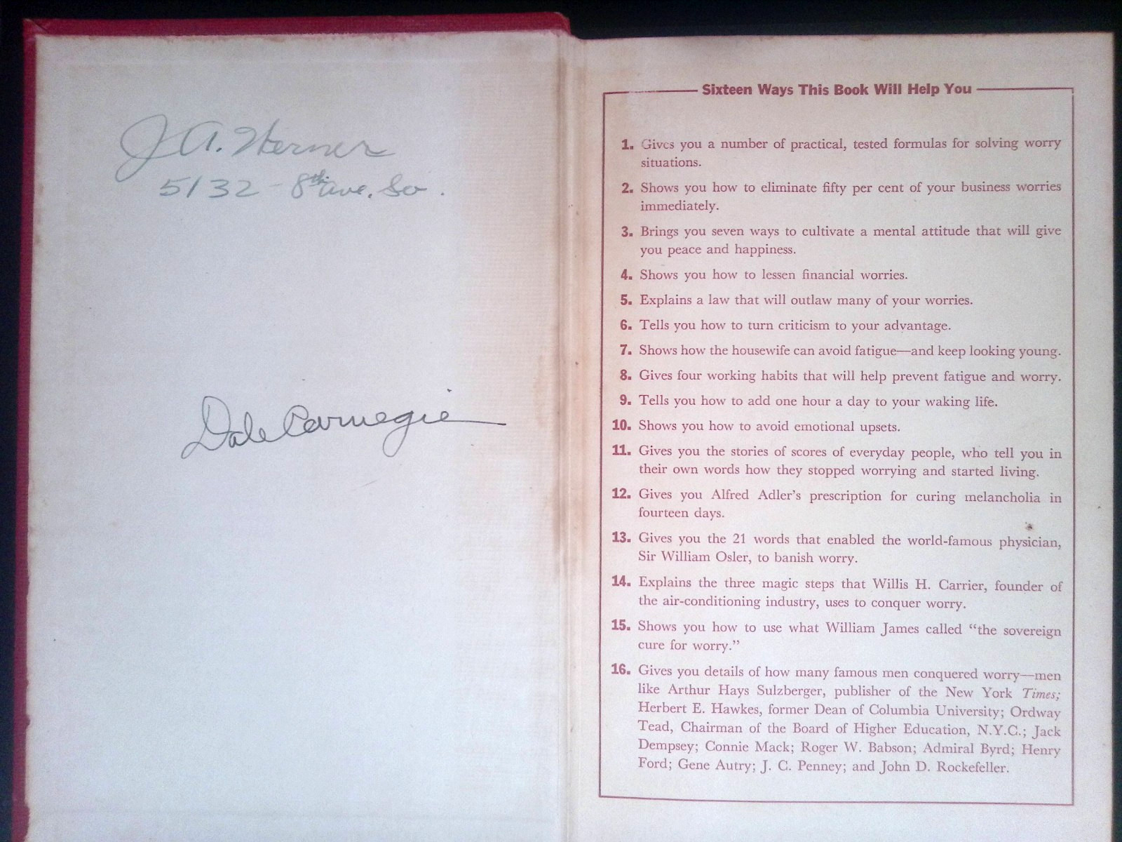 Signed Dale Carnegie 1948 How To Stop Worrying And Start Living 6th Printing