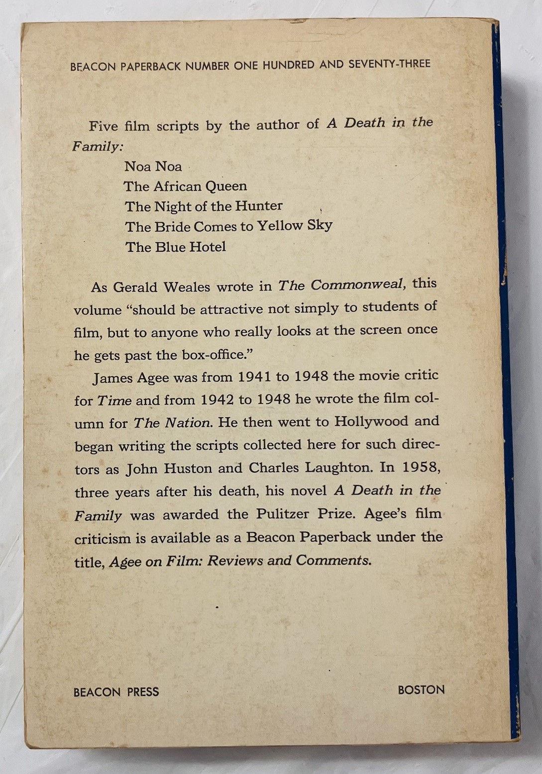 James Agee on Film 5 Scripts (1964) Beacon Paperback, African Queen Night Hunter