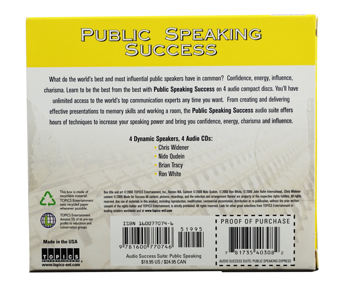 Public Speaking Success on 4 AUDIO CDs ~ Featuring Brian Tracy, Ron White & More