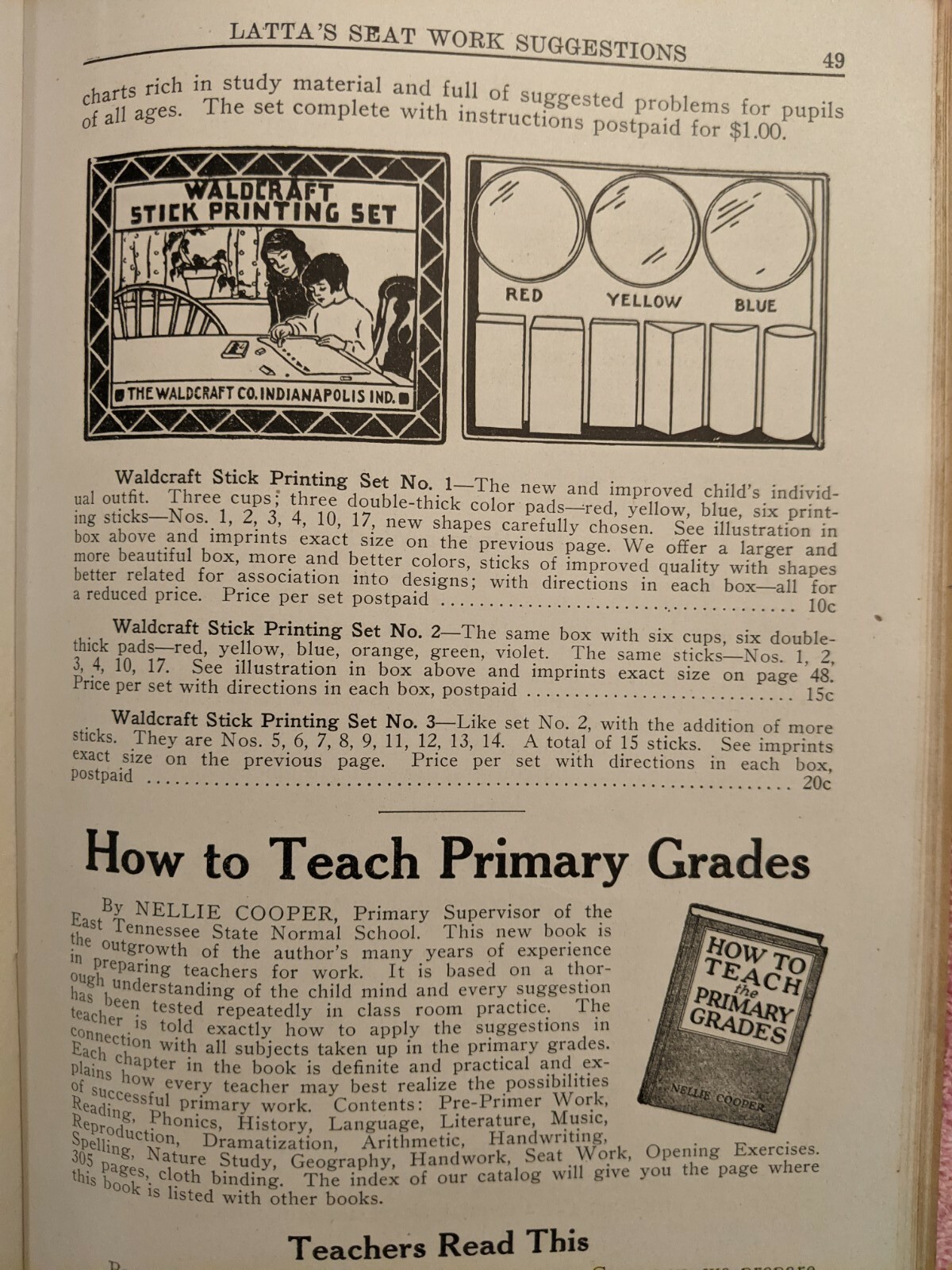 LATTA’S SEAT WORK SUGGESTIONS, Vintage Softcover, 112 Pages,Elementary Education