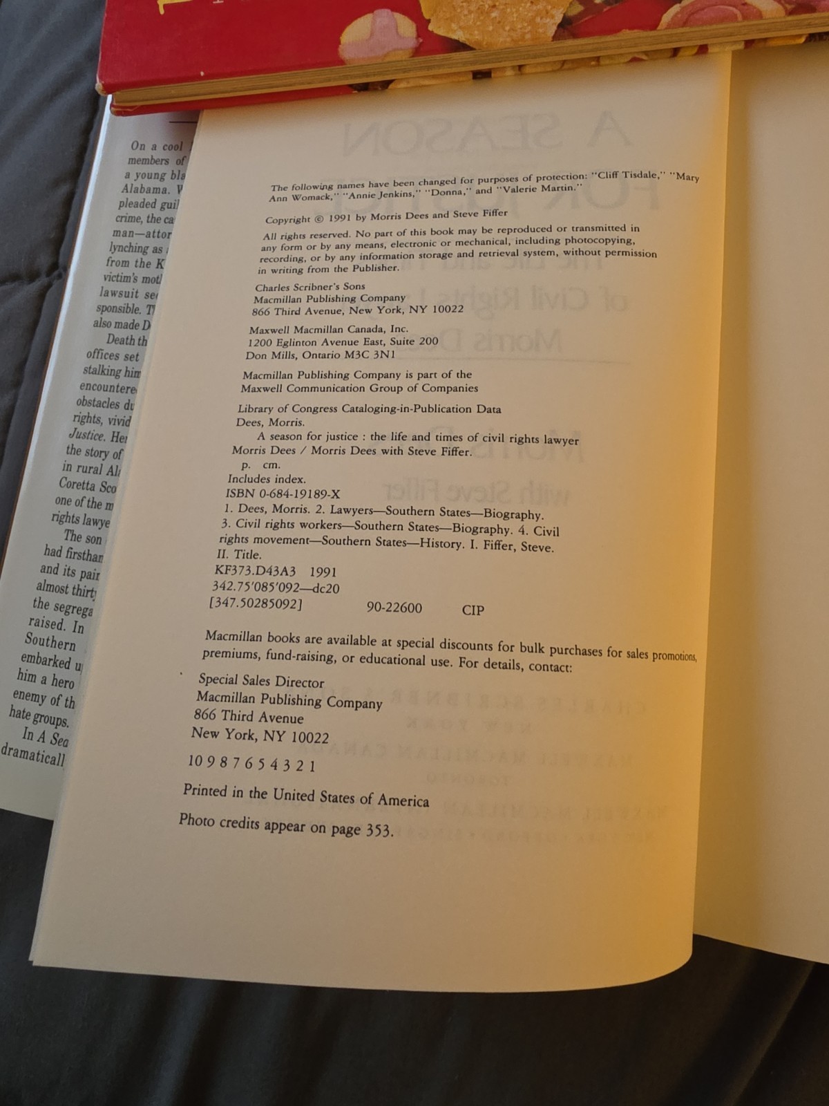 MORRIS DEES Signed Book(“A SEASON FOR JUSTICE”-1991 First Edition Hardback)