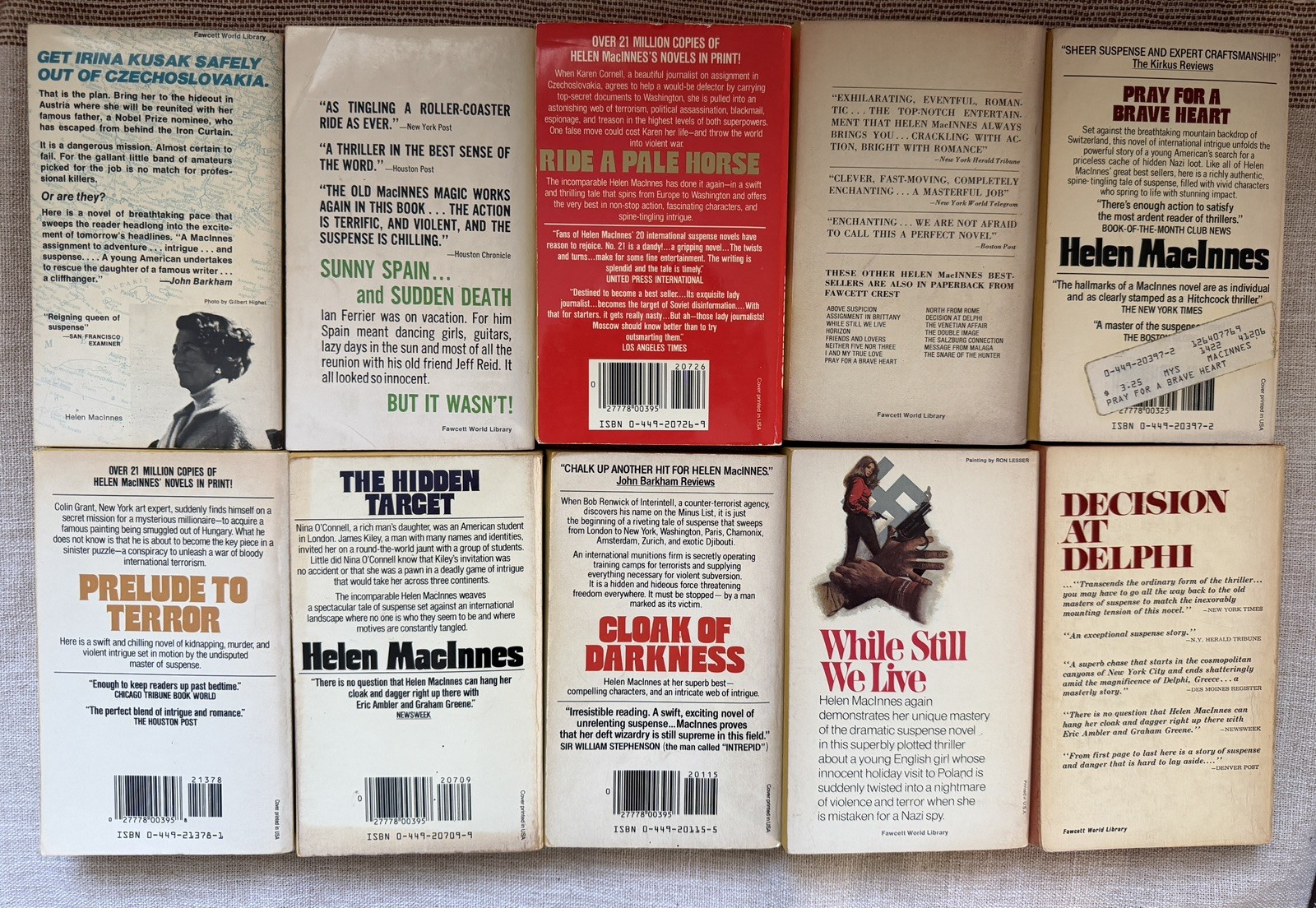 Lot of 10 Vintage Spy Paperbacks by Helen MacInnes, Hidden Target, more 60s