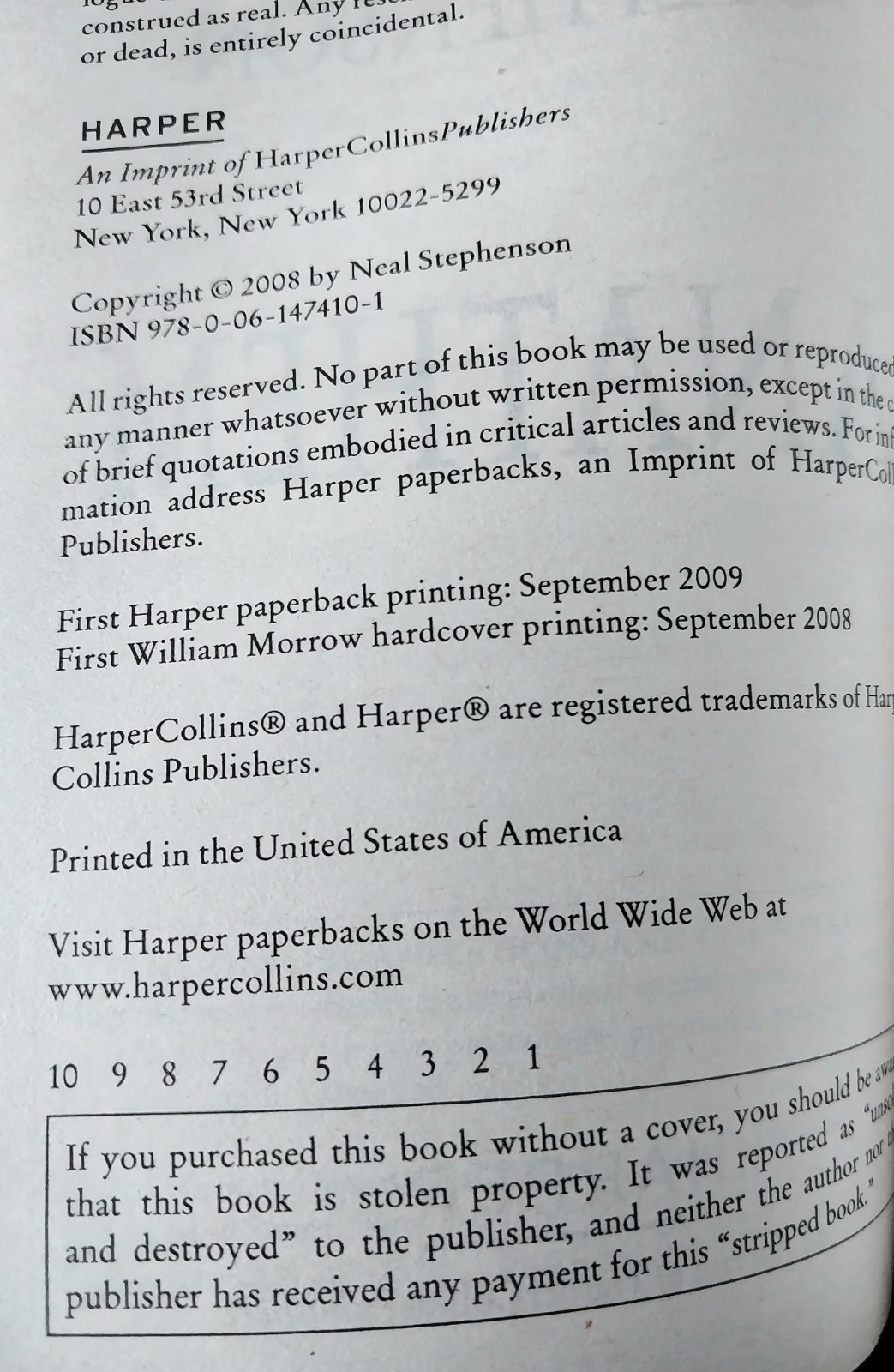 Neal Stephenson – Anathem – Harper First Printing 2009