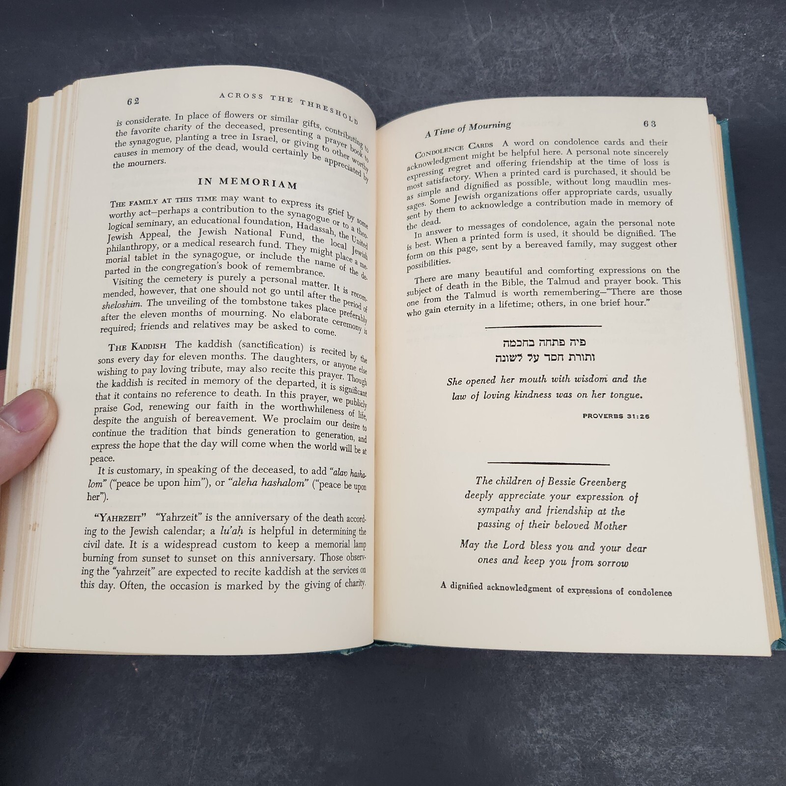 ACROSS THE THRESHOLD: A Guide for the Jewish Homemaker 1st Edition 1959 HC