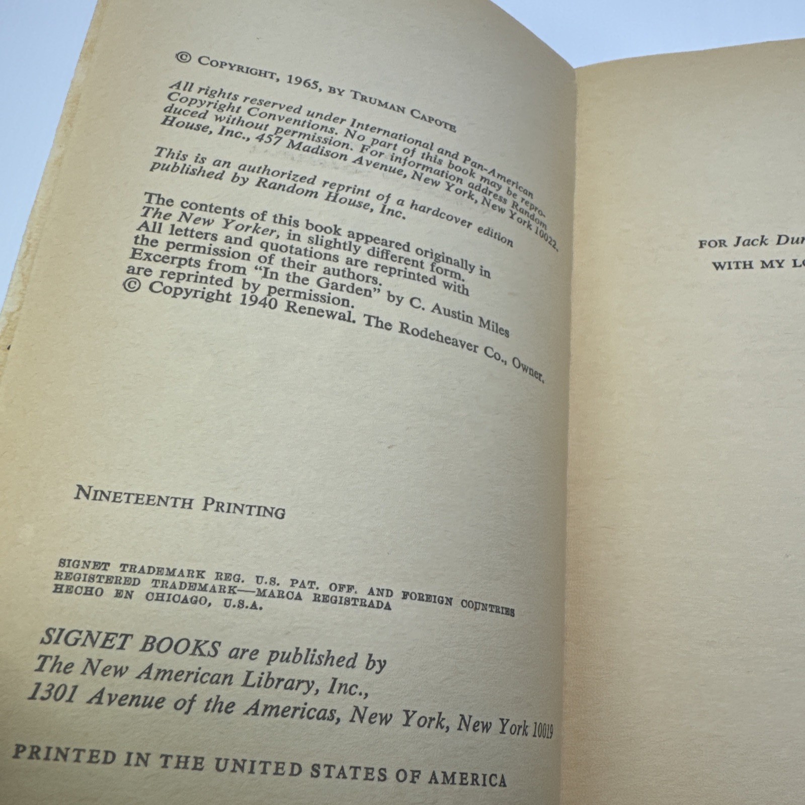 In Cold Blood Truman Capote Paperback Nineteenth Print Signet Book c1965 Vintage