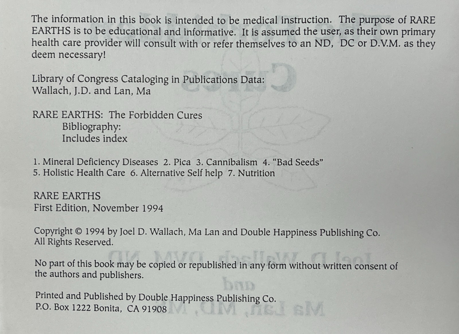 MEDICINE: Rare Earths: The Forbidden Cures by Joel Wallach & Ma Lan – 1994 PB