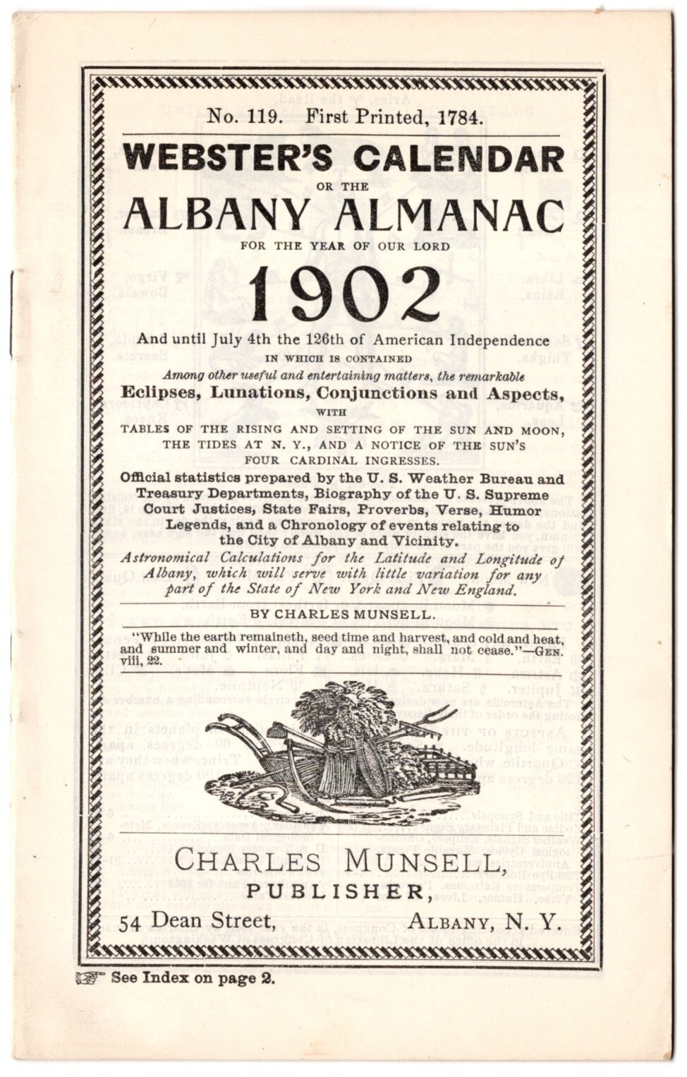 1902 Webster’s Calendar or the Albany Almanac No 119, Charles Munsell, Albany NY