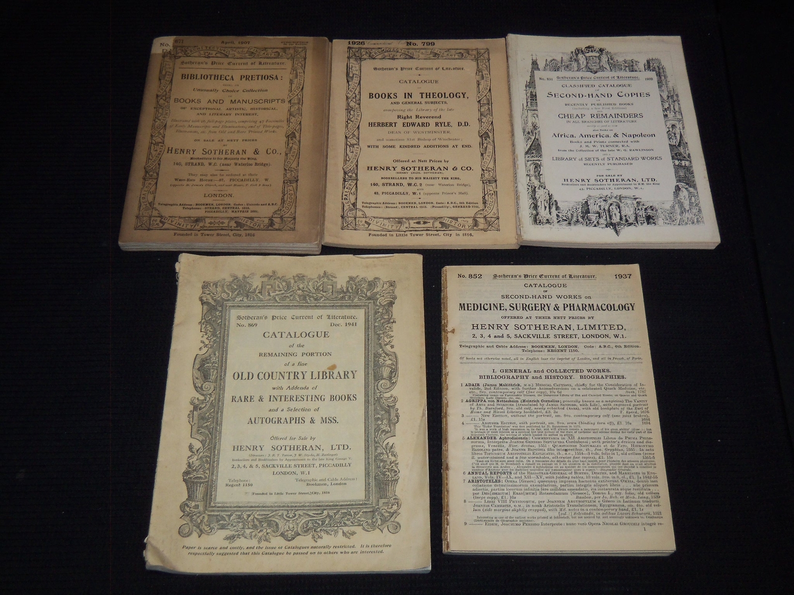 1907-1941 HENRY SOTHERAN BOOK CATALOGUES LOT OF 5 – SOFTCOVER – O 3078D