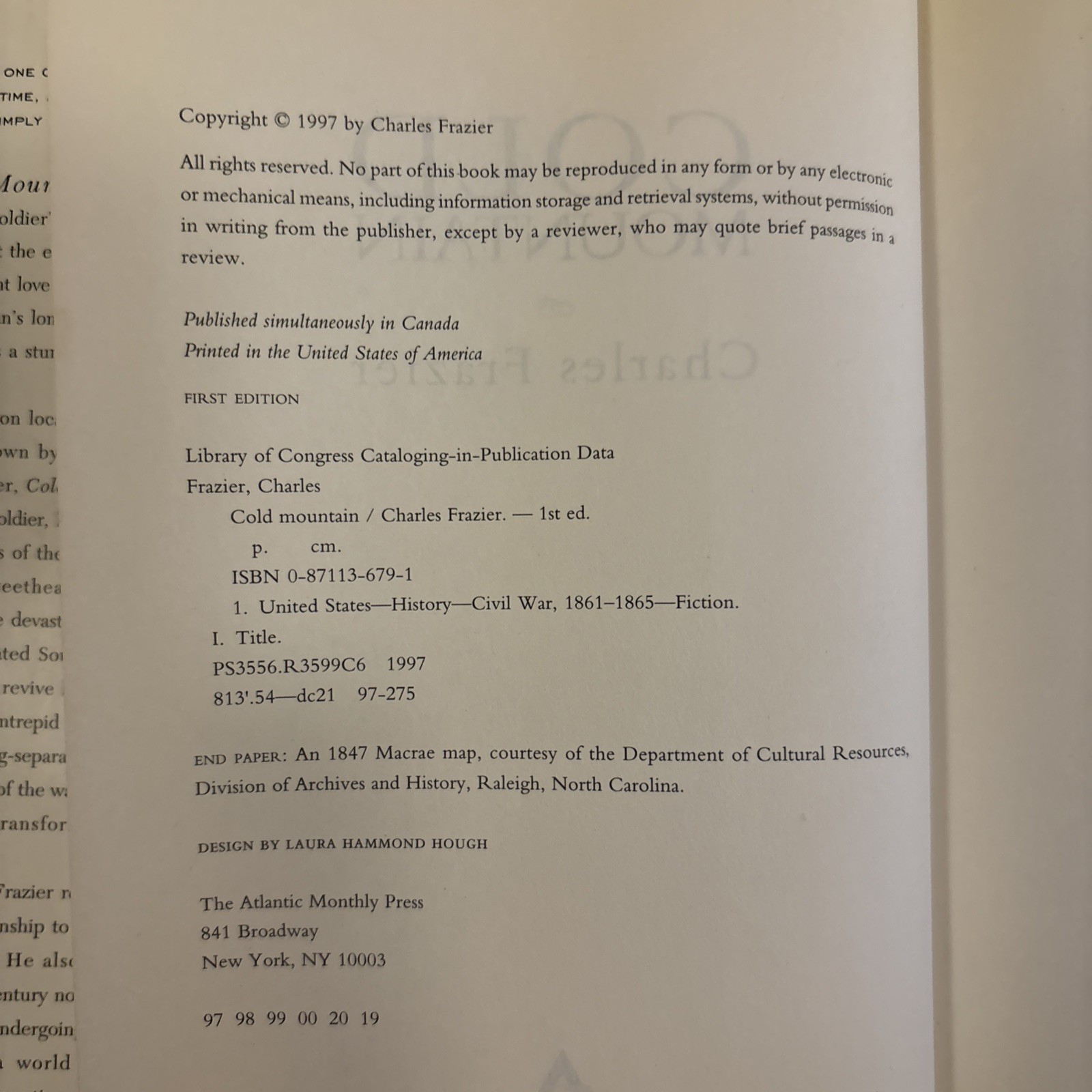 Charles FRAZIER / Cold Mountain 1st Edition 1997