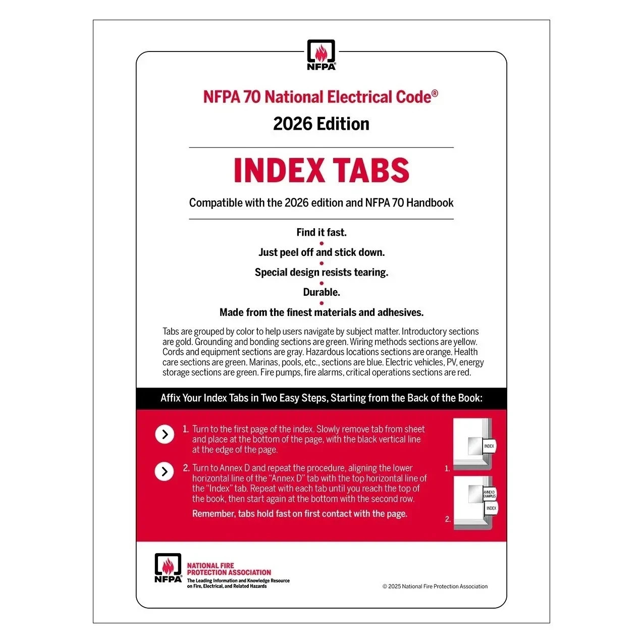 NFPA 70 NEC Index Tab 2026 Self-Adhesive National Electrical Code NEC New Stock