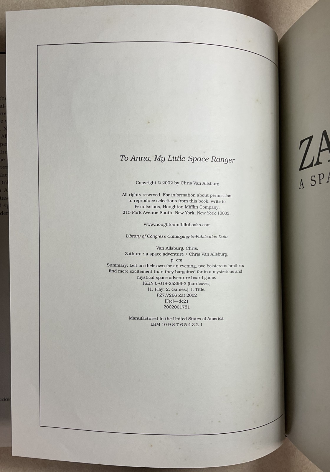 2002 Zathura; A Space Adventure by Chris Van Allsburg-Hardcover-Illustrated