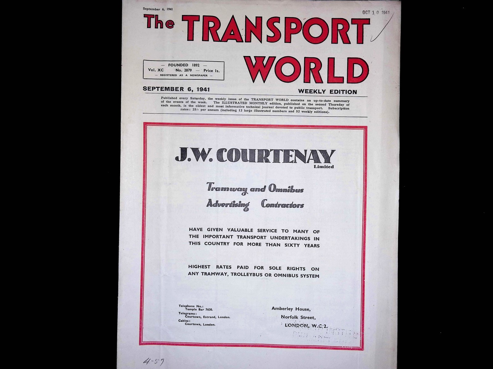 Transport World 1941 J.W. Courtenay Tramway Omnibus Advertising WWII British