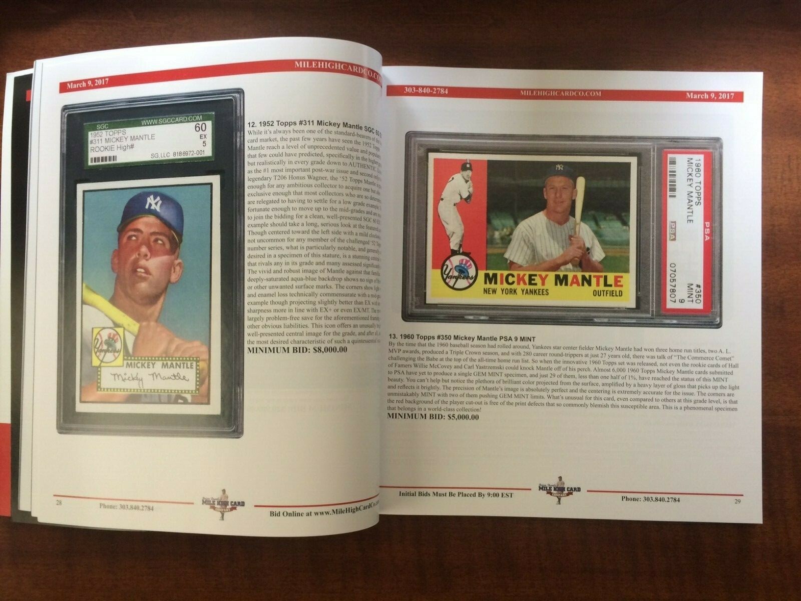 3/9/2017 Mile High Card Company Auction Catalog 200 pages Walter Johnson/Mantle