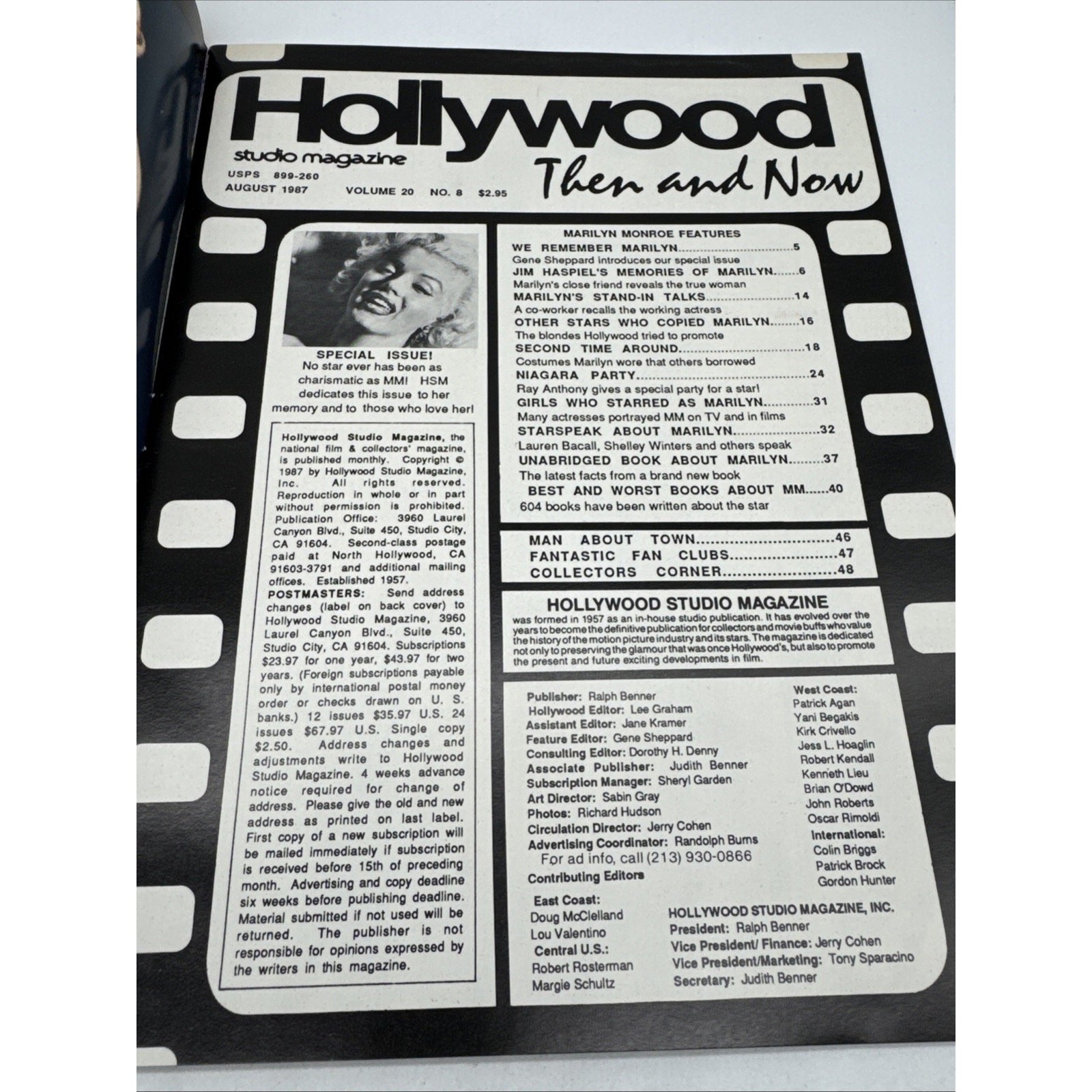 Hollywood Studio Magazine Then And Now August 1987 VG+ Condition Marilyn Monroe