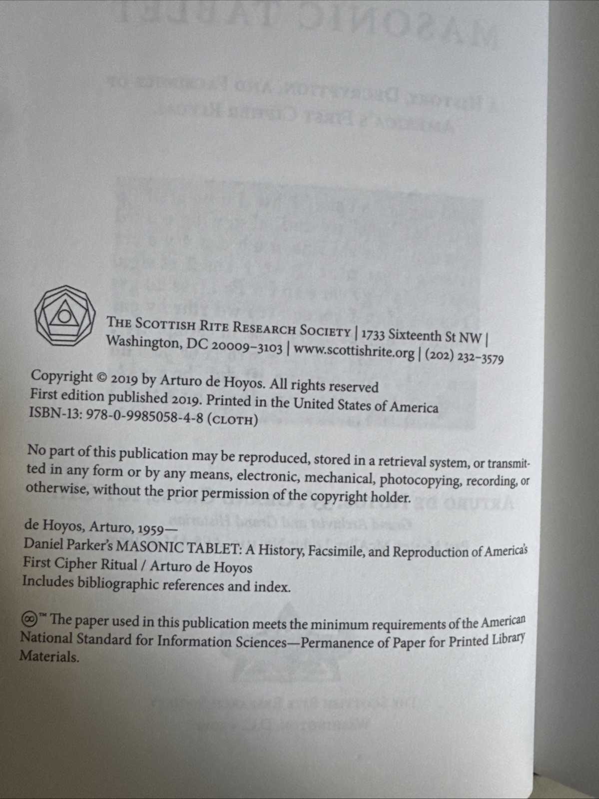 Daniel Parkers Masonic Tablet De Hoyos 2019 HC Scottish Rite Cipher