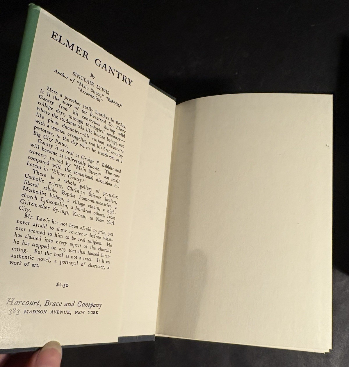 Sinclair Lewis Elmer Gantry 1955 Harcourt Brace Facsimile Edition Sleve Jacket