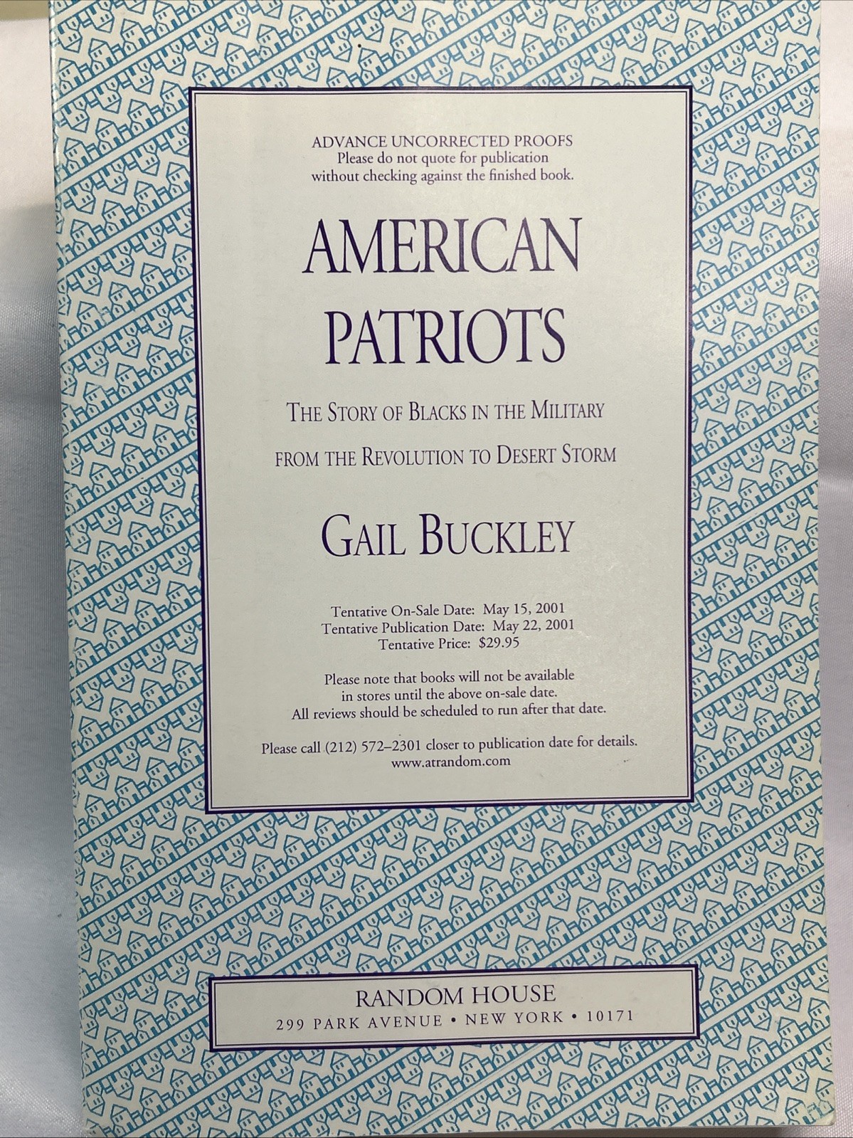 Vintage American Patriots Gail Buckley Advance Uncorrected Proof Military 2001
