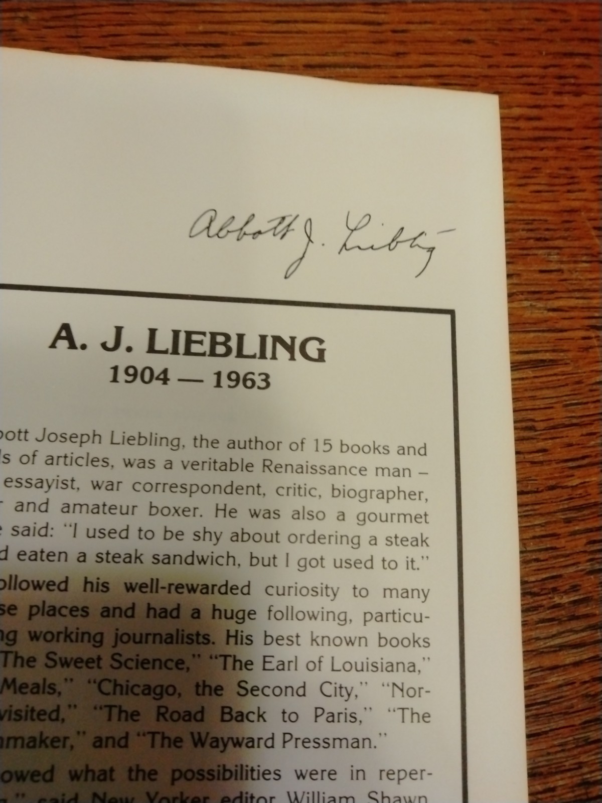 The Sweet Science By A J Liebling Holtzman Sport Classics Signed Reproduced