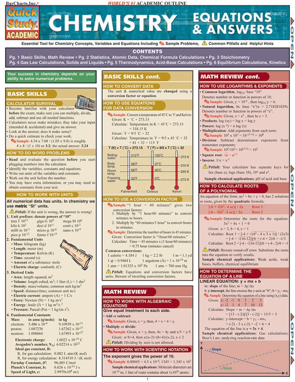 Chemistry Equations and Answers: Quick Study Refence Guide Tri-Fold Laminated