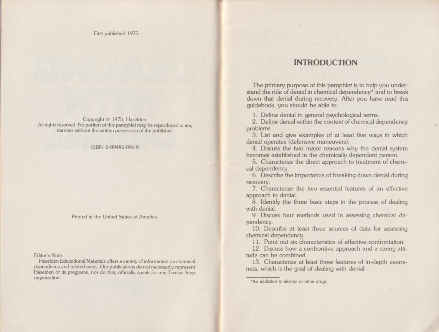 Dealing with Denial from Hazelden, 1975, 32 pages, Alcoholics Anonymous, Al-Anon