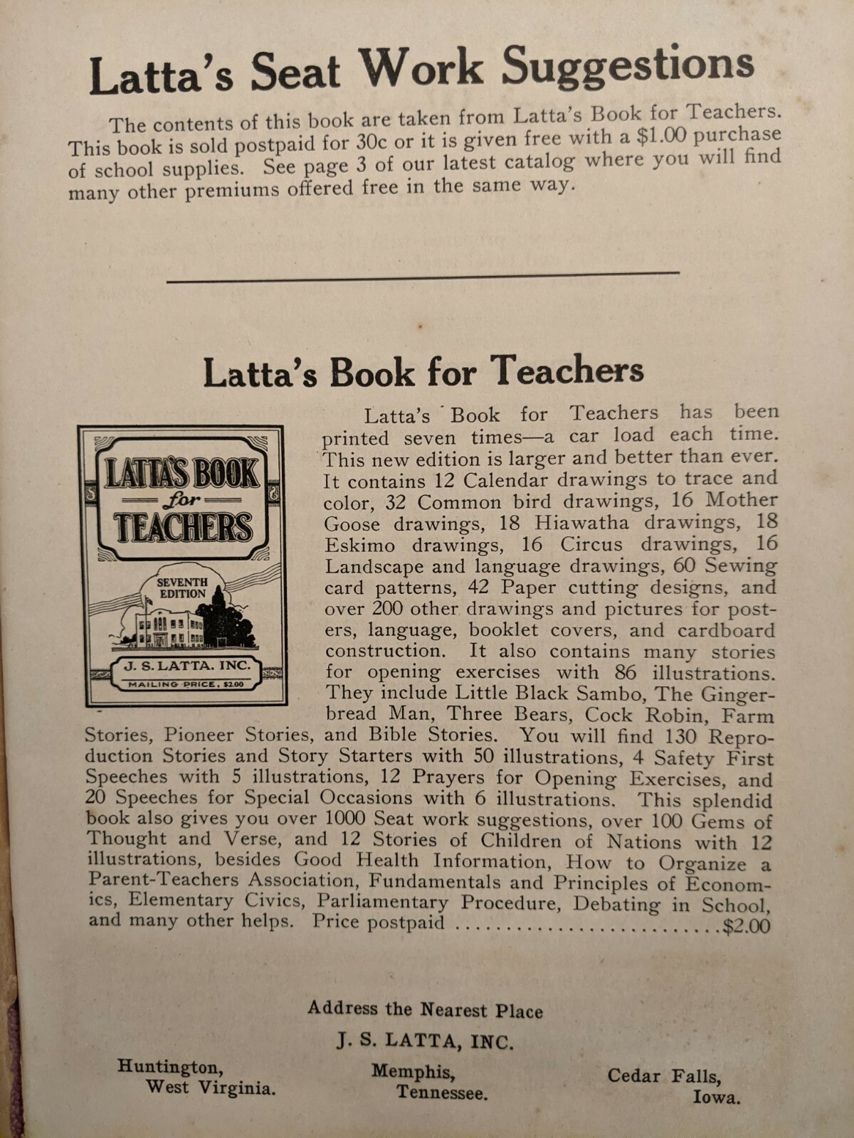 LATTA’S SEAT WORK SUGGESTIONS, Vintage Softcover, 112 Pages,Elementary Education