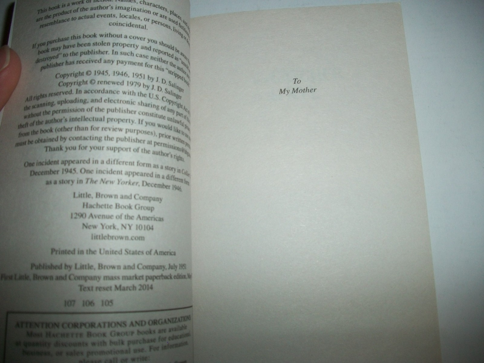 The Catcher in the Rye Classic by J D Salinger L-B $8.99 novel 105th print pb ex