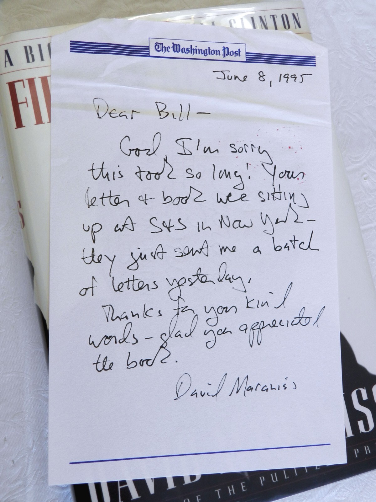 1995, FIRST IN HIS CLASS by David Maraniss, BIO OF BILL CLINTON, SIGNED + LETTER