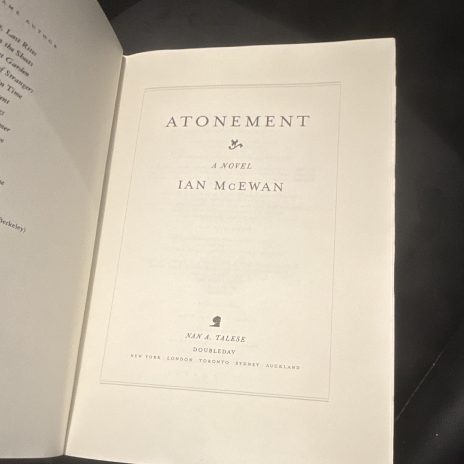 Ian McEwan Atonement Hardcover Nan A. Talese Doubleday Literary Fiction Novel