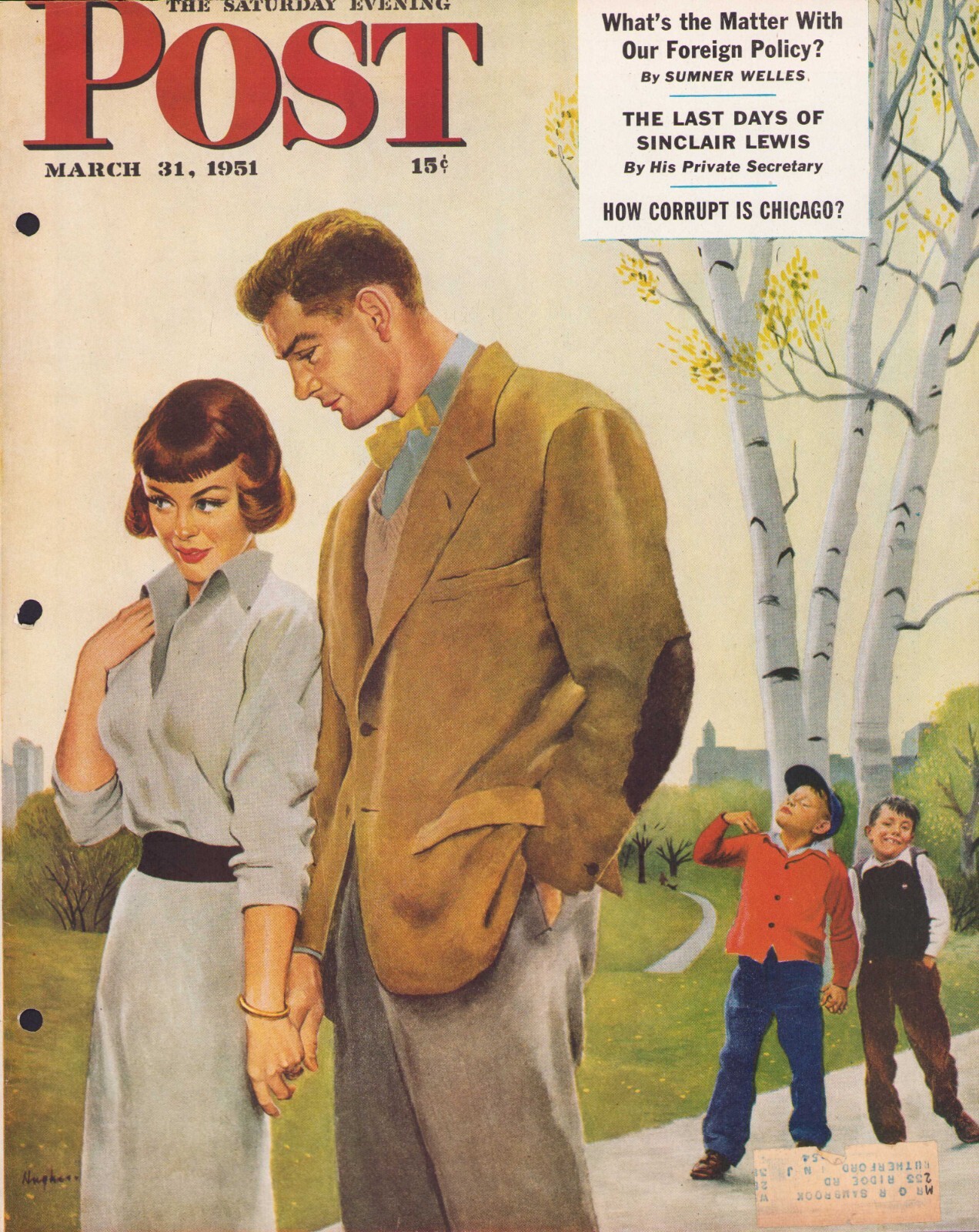 1951 MARCH 31 Mocking Romance SATURDAY EVENING POST COVER ONLY George Hughes #1