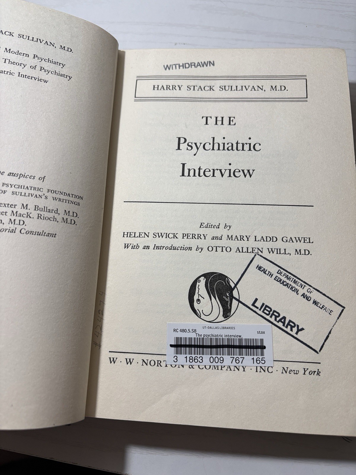 The Psychiatric Interview Harry Stack Sullivan 1954 First Edition HC Ex Library