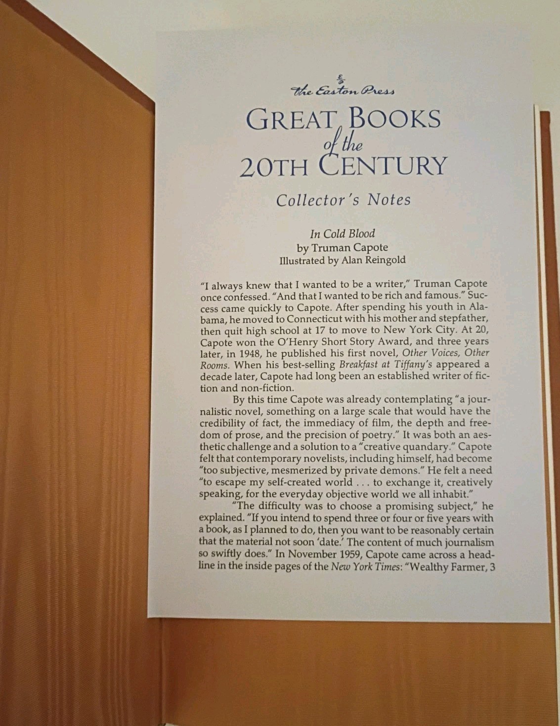 In Cold Blood Truman Capote Collector’s Edition Easton Press W/Collector’s Notes