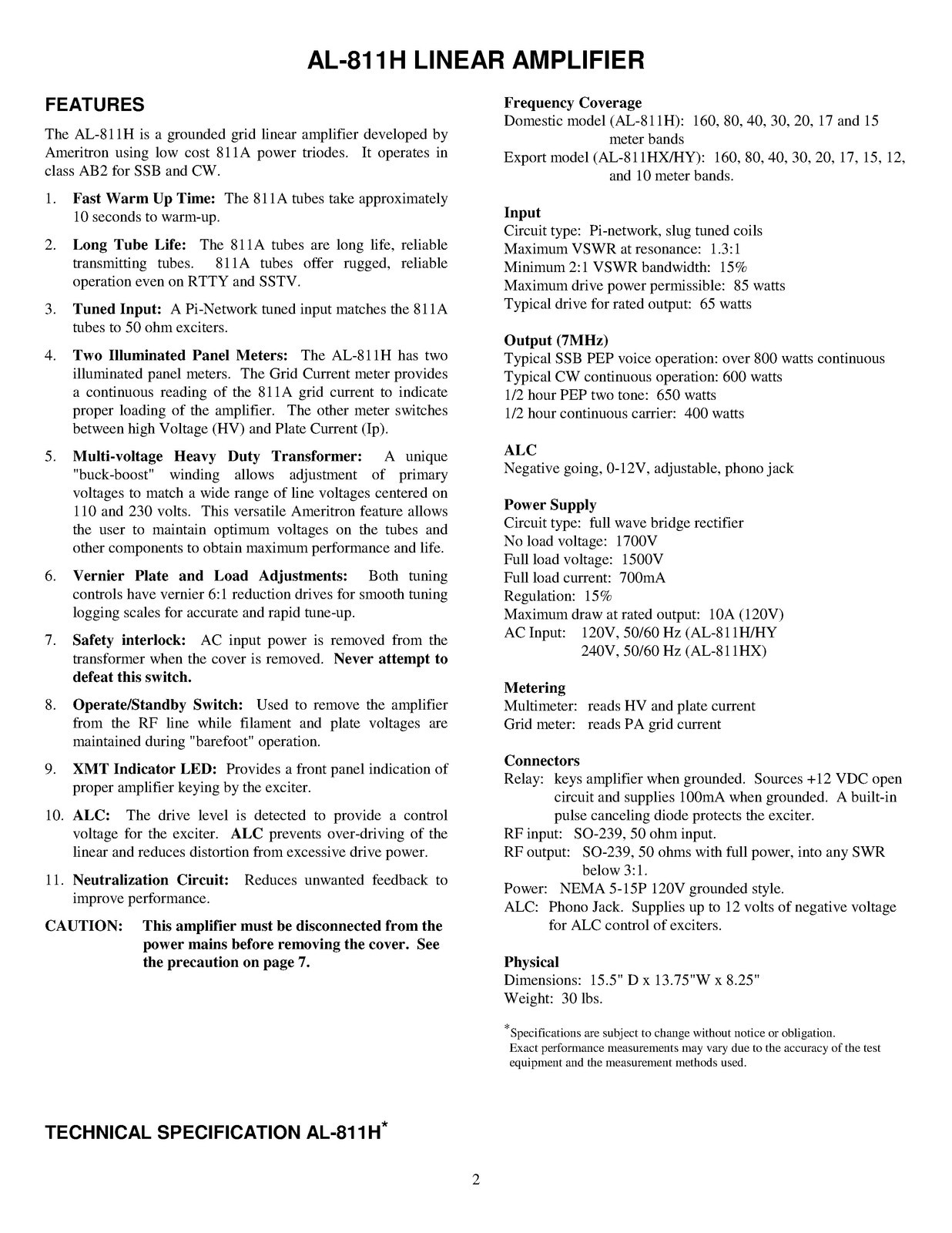 AMERITRON AL-811H HF Power Linear Amplifier Instruction Manual – WIRE BIND