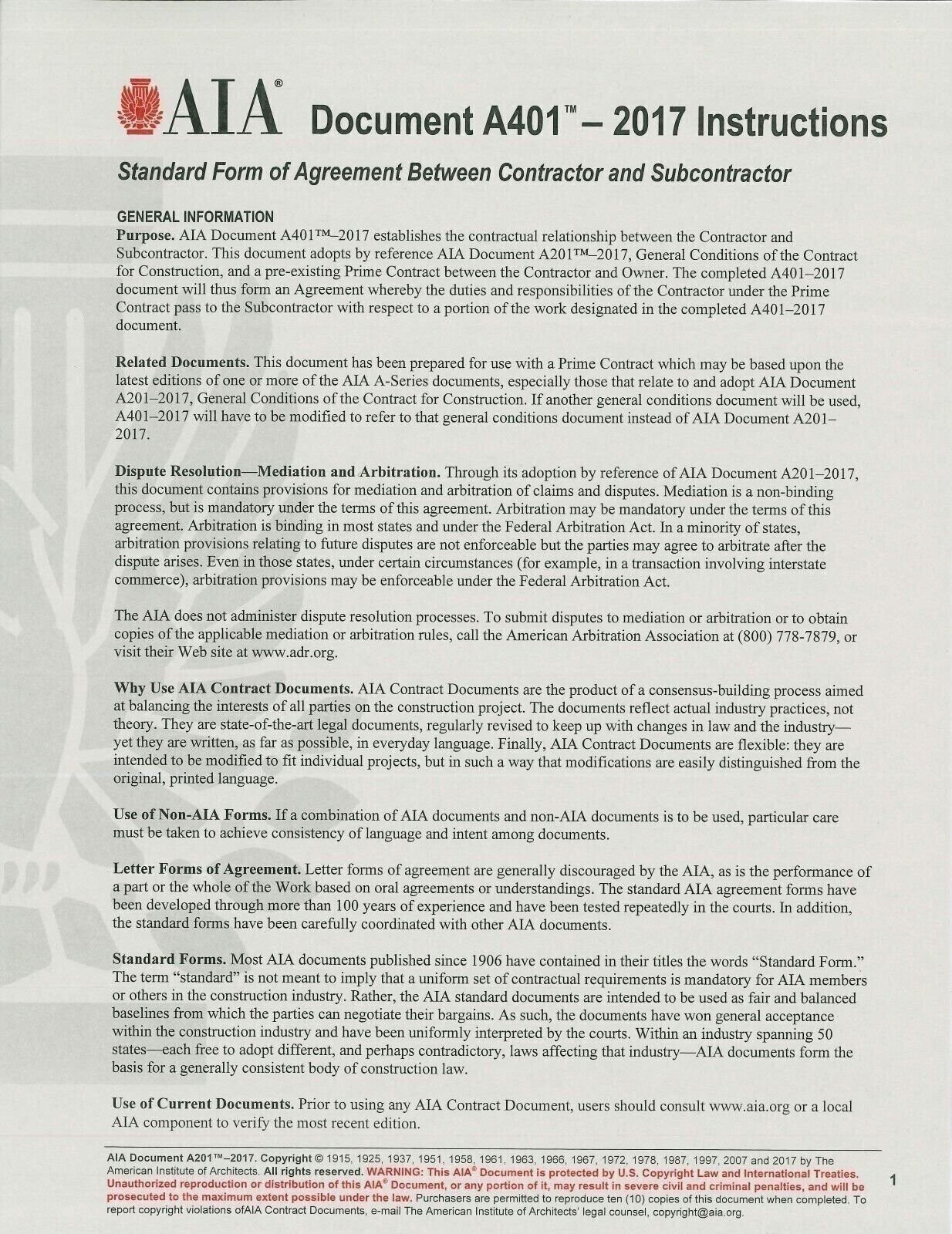 AIA Documents A201 A401 A701 – 2017/18 General Conditions