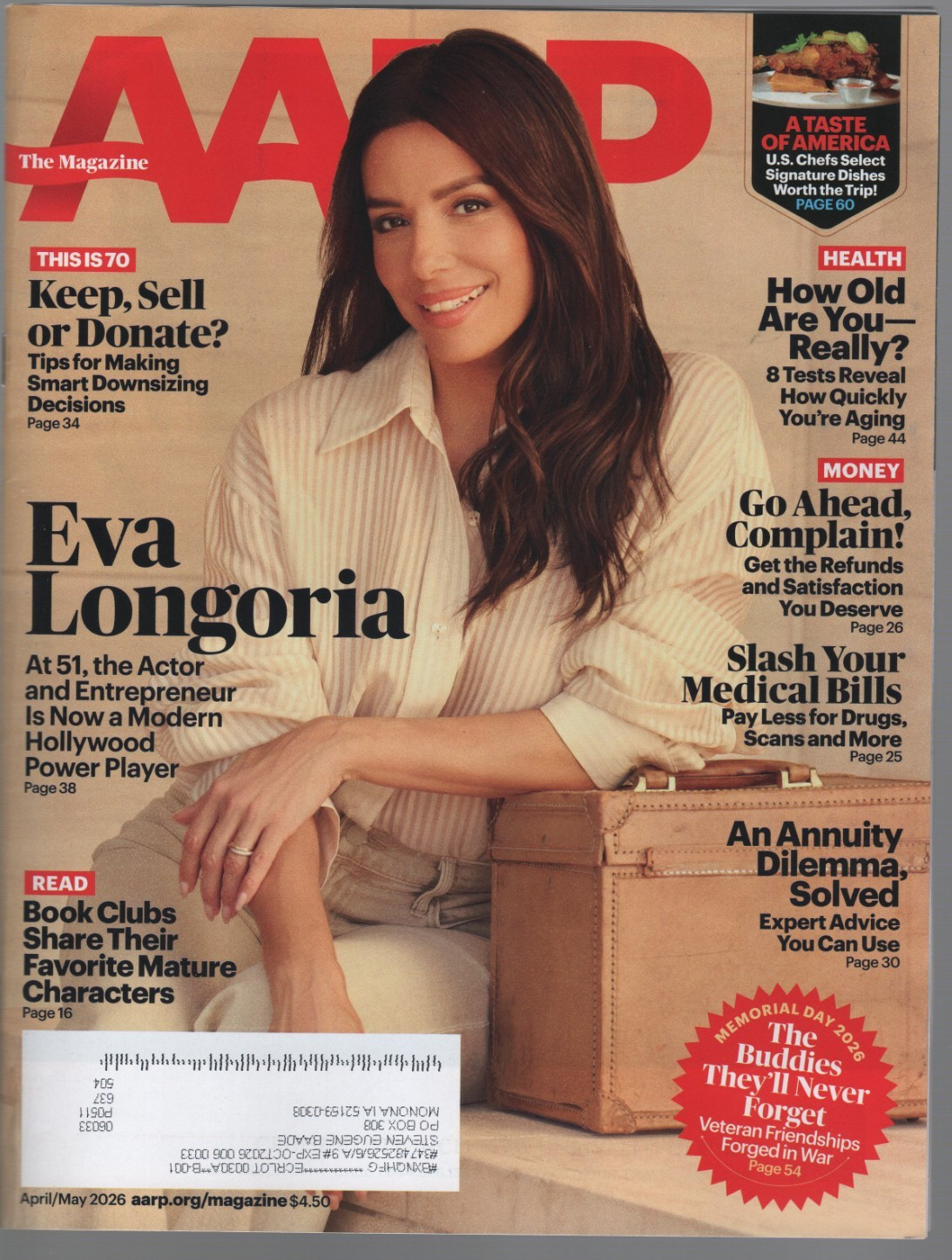 AARP Magazine April/May 2026 Eva Longoria Arsenio Hall annuities downsizing