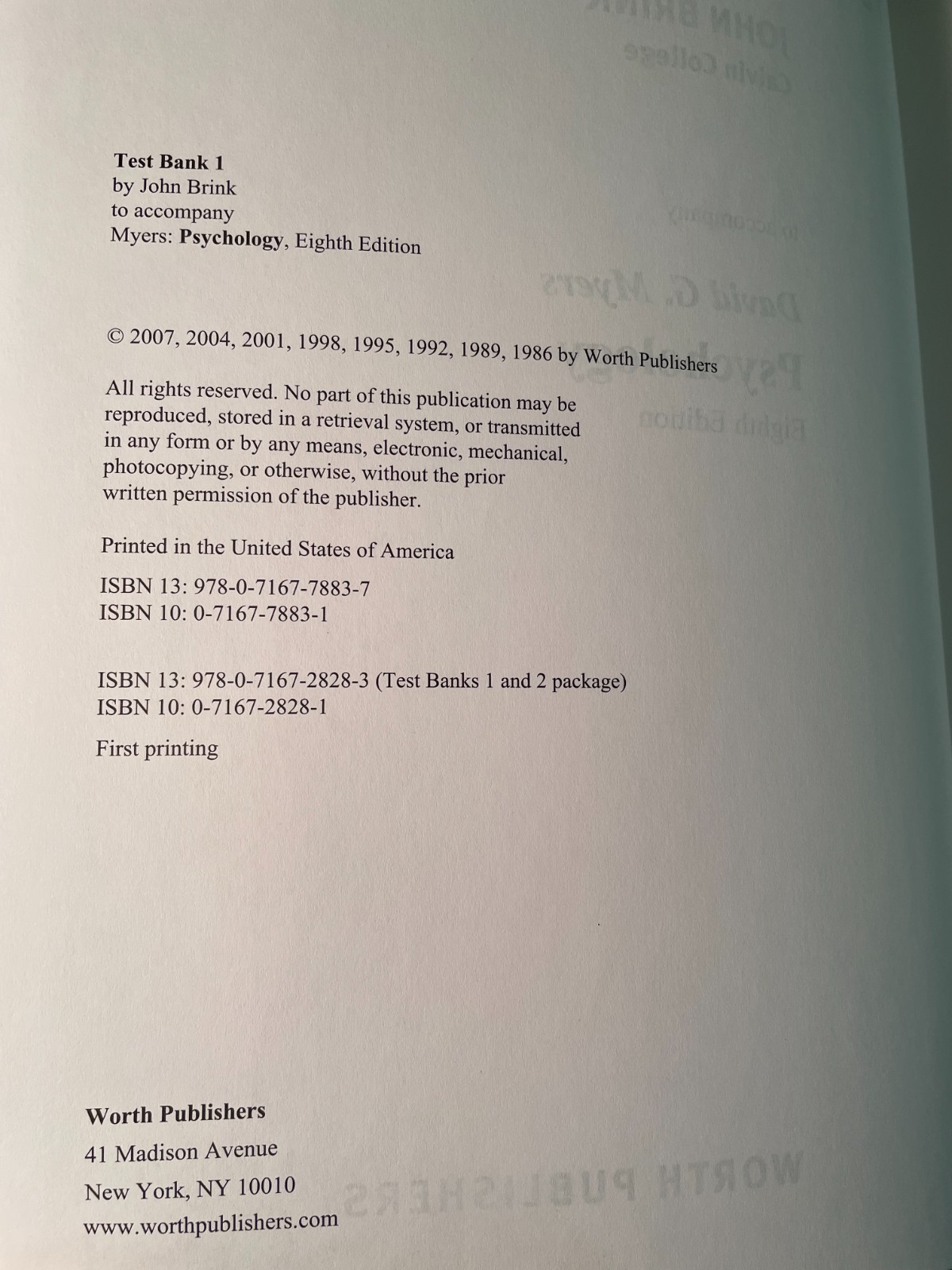 Test Bank Volume 1 (To accompany David G. Myers Exploring Psychology)