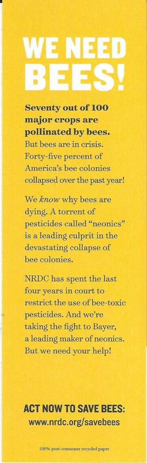 (NEW) 1 HELP SAVE THE BEES! NRDC BOOKMARK – MATTE PAPER FINISH- FAST Free Ship