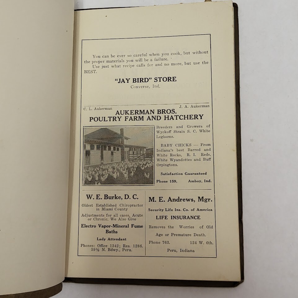 1926 Cook Book of the Home Economics Club of Miami County Peru Indiana 194 pages
