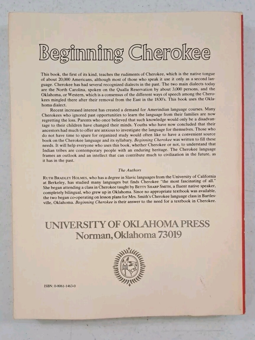 Beginning Cherokee-2nd Ed. 1982-University Oklahoma Ruth Bradley Holmes