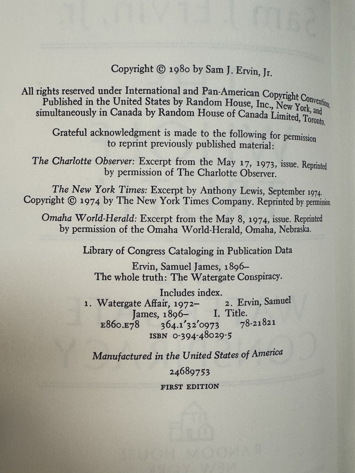 The Whole Truth The Watergate Conspiracy By Sam Ervin SIGNED 1st Edition w/ DJ