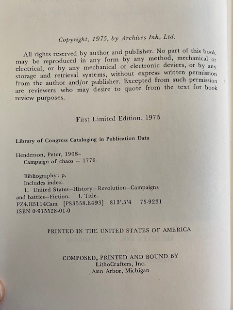 Campaign of Chaos …1776 by Peter Henderson 1975 first limited ed. HC DJ