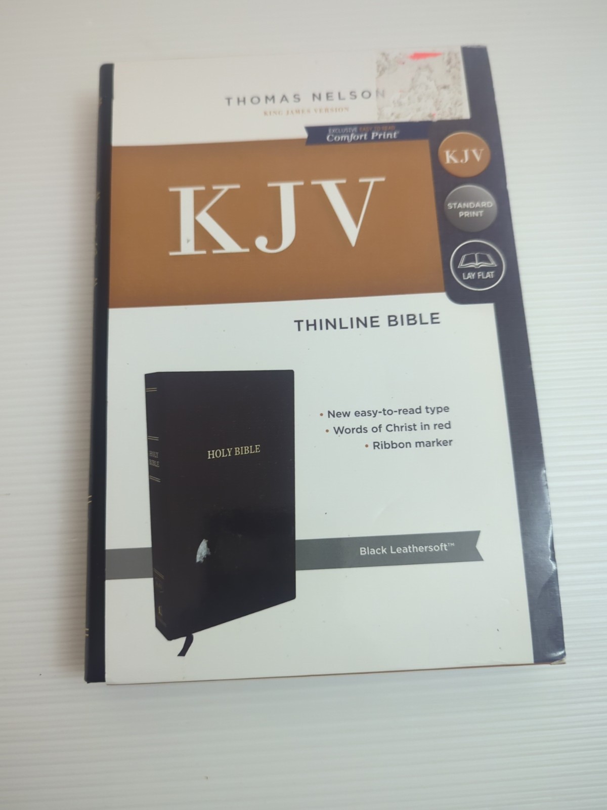 BIBLE: NKJV Comfort Print Thinline Red Letter Ribbon Leather Soft Black New