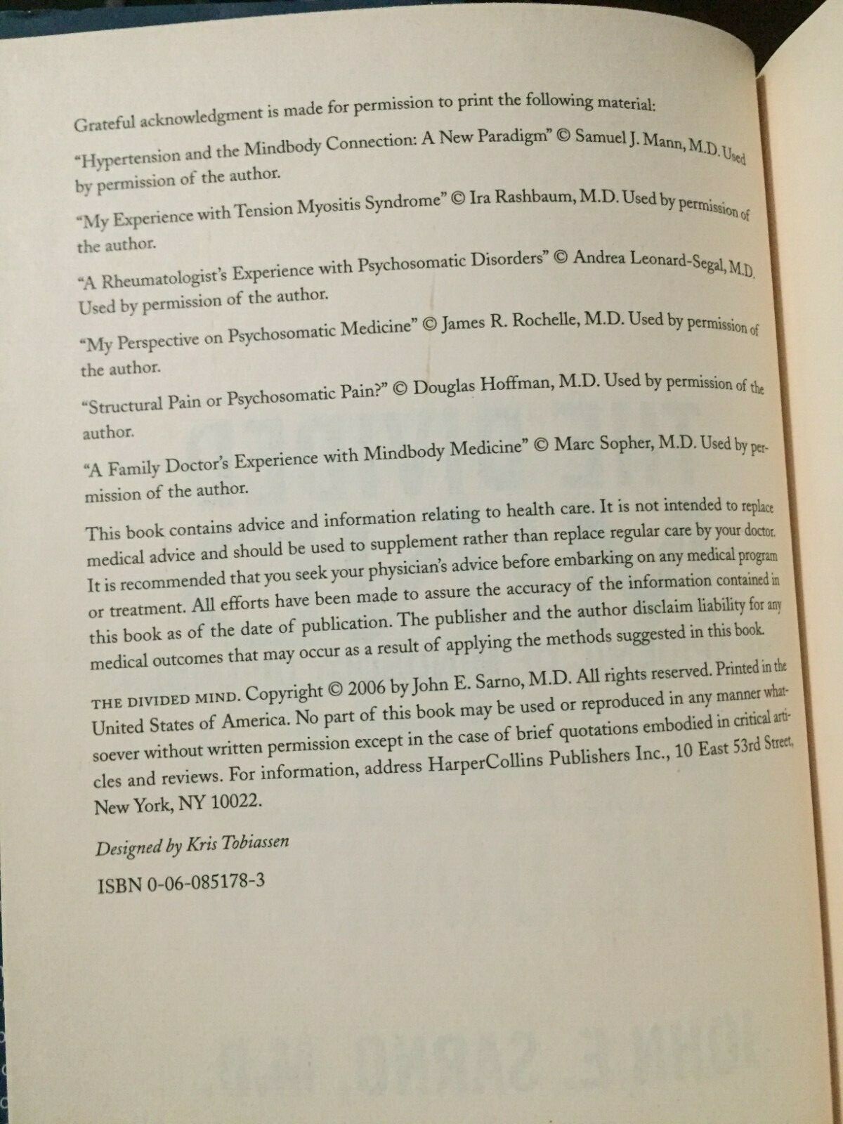 The Divided Mind : The Epidemic of Mindbody Disorders by John E. Sarno (2006, Ha