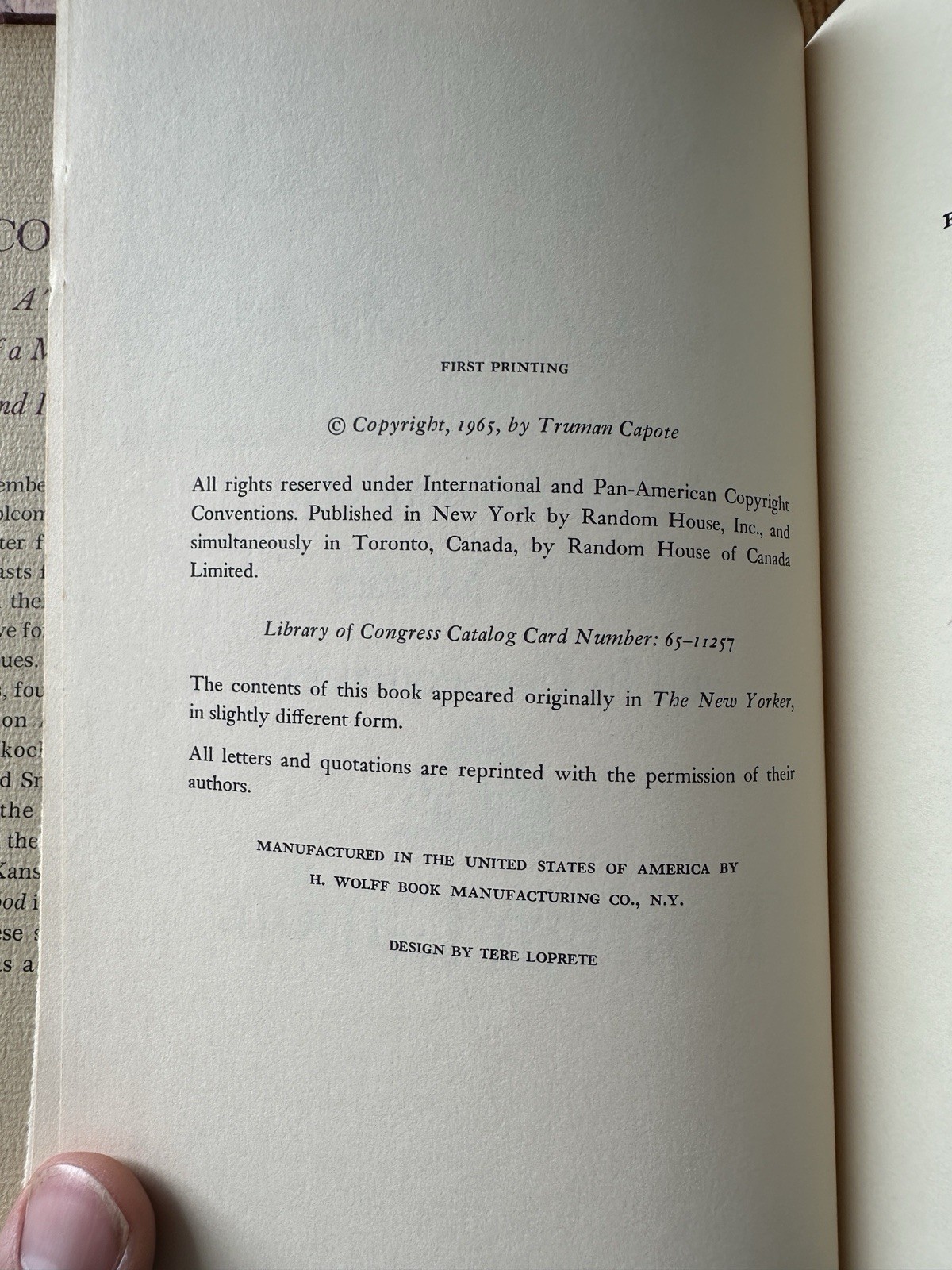 IN COLD BLOOD Truman Capote True 1st Edition FIRST PRINTING 1965 VERY GOOD w/DJ