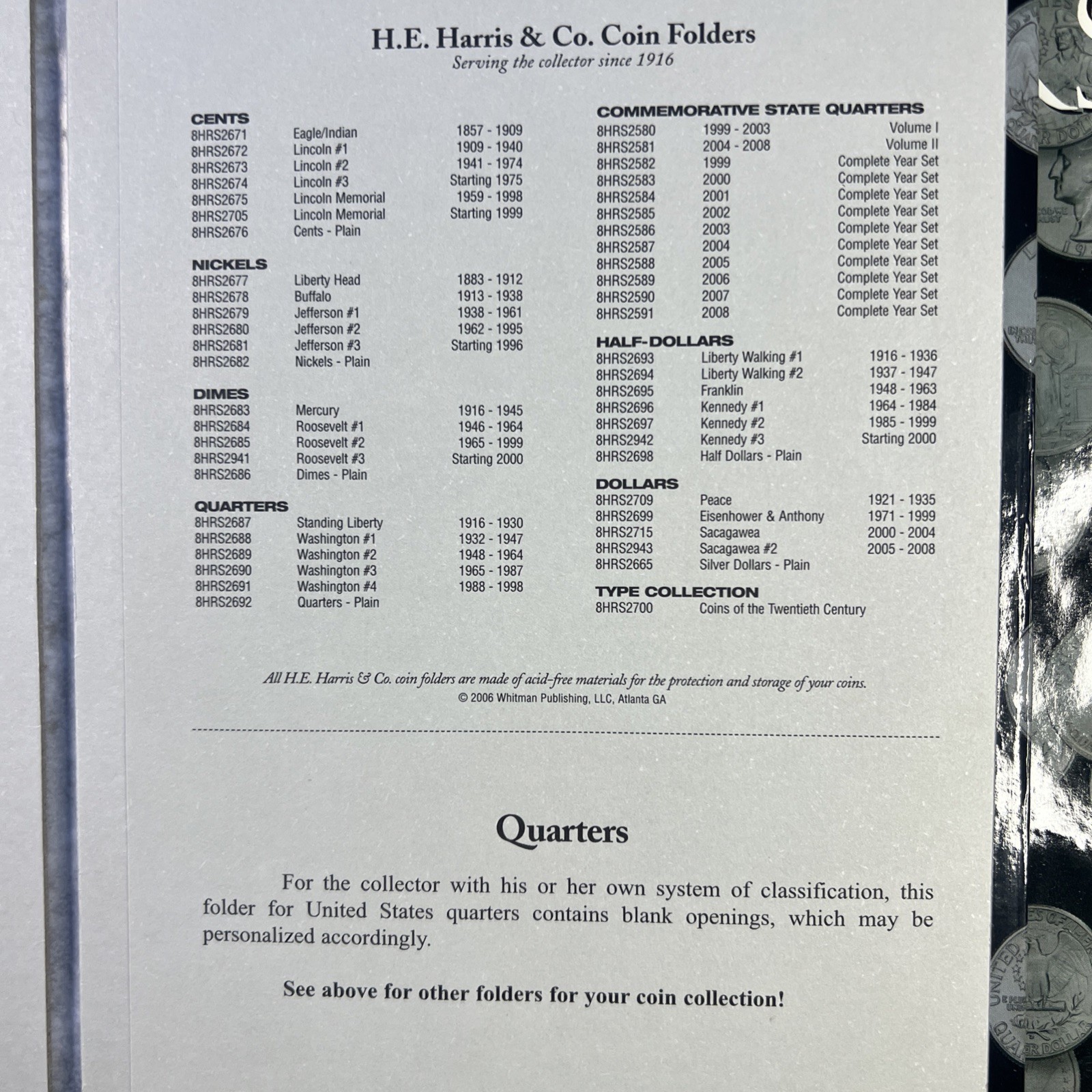 2 H.E. Harris Quarters 25 Cent Coin Folder Book | 8″ No Dates Washington